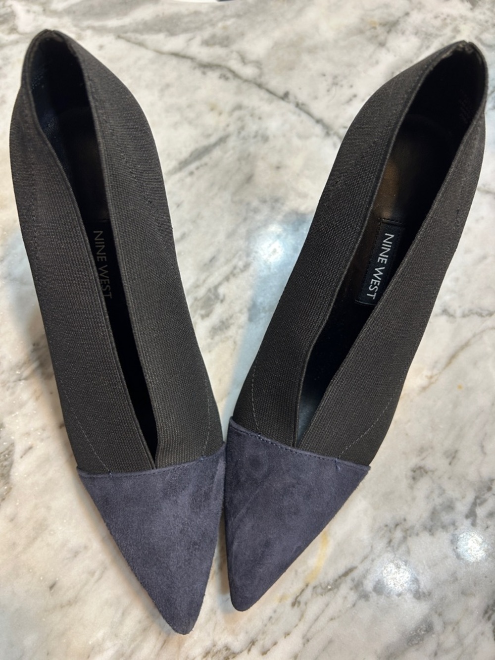 Nine West Black Stretch Pointed Toe Heeled Boots with Navy Suede Cap